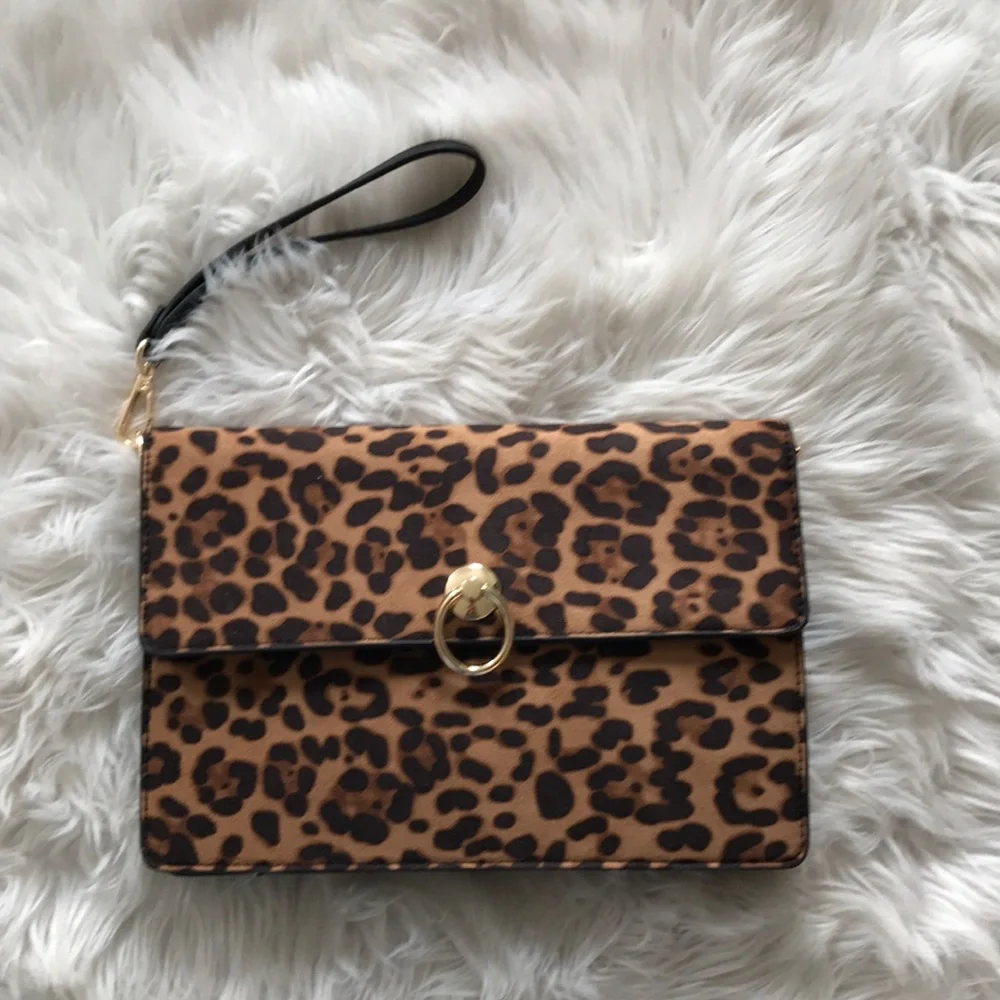 Sole Society Leopard Print Clutch in Tan and Black with Gold Hardware